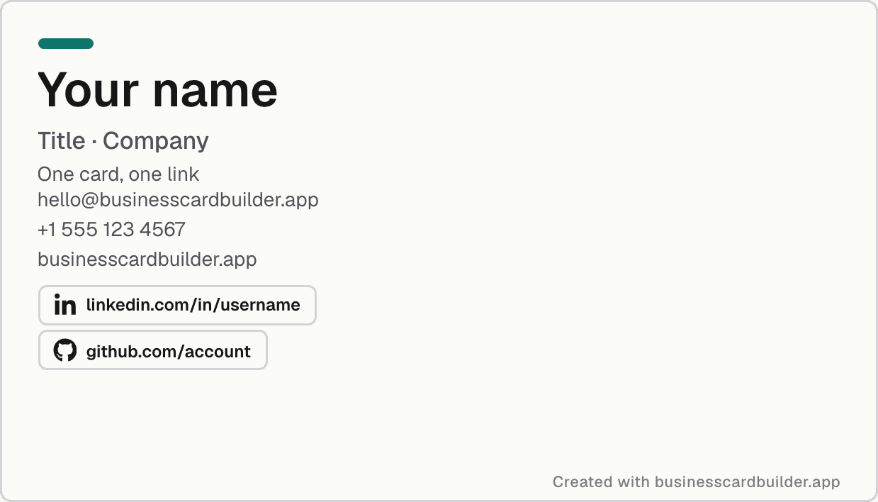 The front of an exported business card: name, role, contact details, and social links.