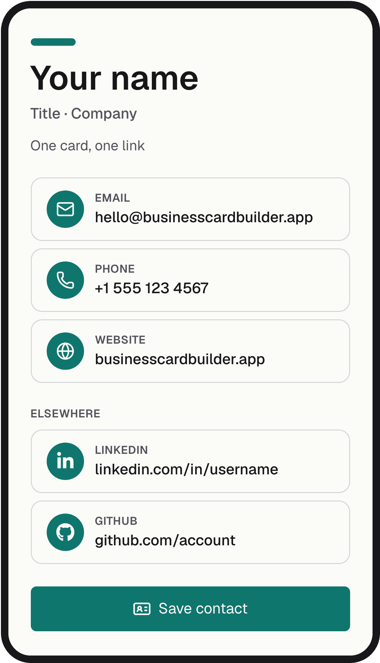 The interactive card page on a phone, with tappable contact rows and social links.