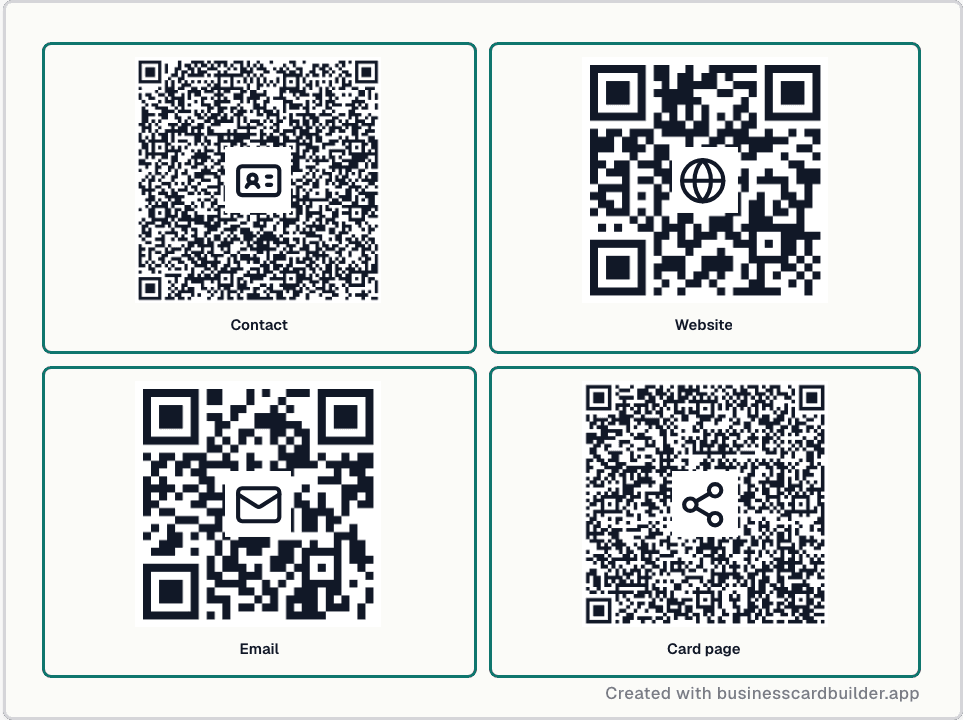 A sheet of QR codes: one for saving the contact, one for the website, one for the email address, and one for the card page.